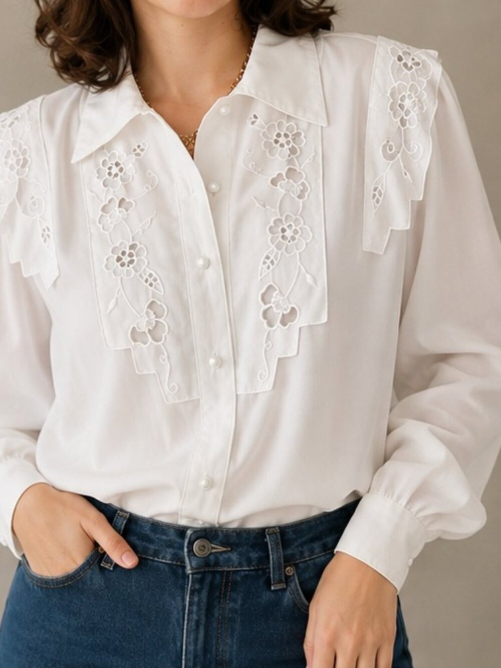 Vintage Kathy Che White Embroidered Cutout Collar Blouse Western 80s 16/L